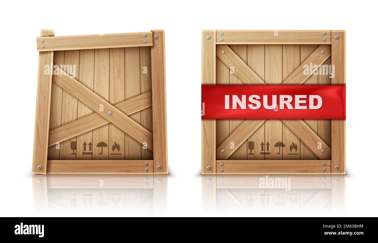 Wooden box closed by metal nails, damaged and with insurance realistic vector illustration Wooden cargo box, broken or cracked package and parcel with insured inscription, isolated on white background Stock Vector