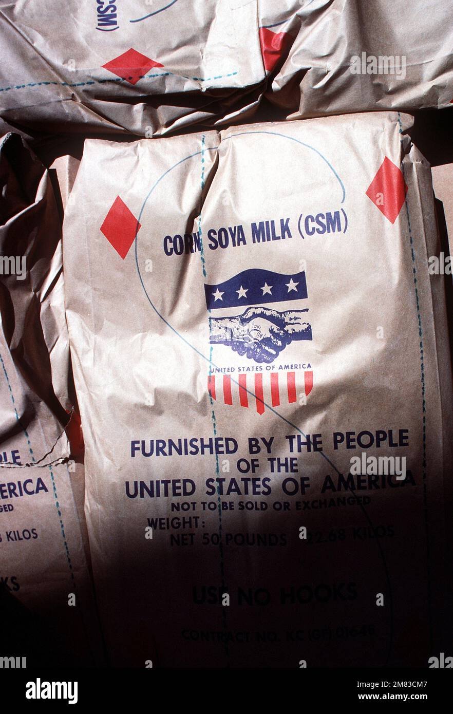 One of the bags of food delivered to the airport aboard a 6th Military Airlift Squadron aircraft during Ethiopian relief operations. Base: Khartoum Country: Sudan (SDN) Stock Photo