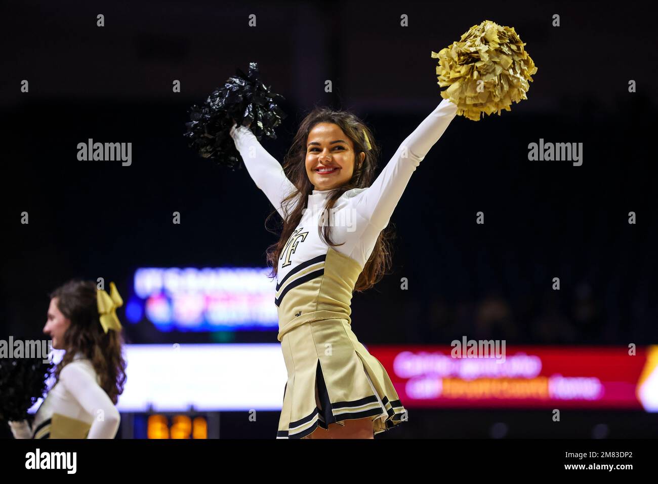 January 11, 2022: Wake Forest cheerleader during Wake basketball game against FSU. NCAA basketball game between Florida State University and Wake Forest University at Lawrence Joel Veterans Memorial Coliseum, Winston Salem. NC. David Beach/CSM Stock Photo