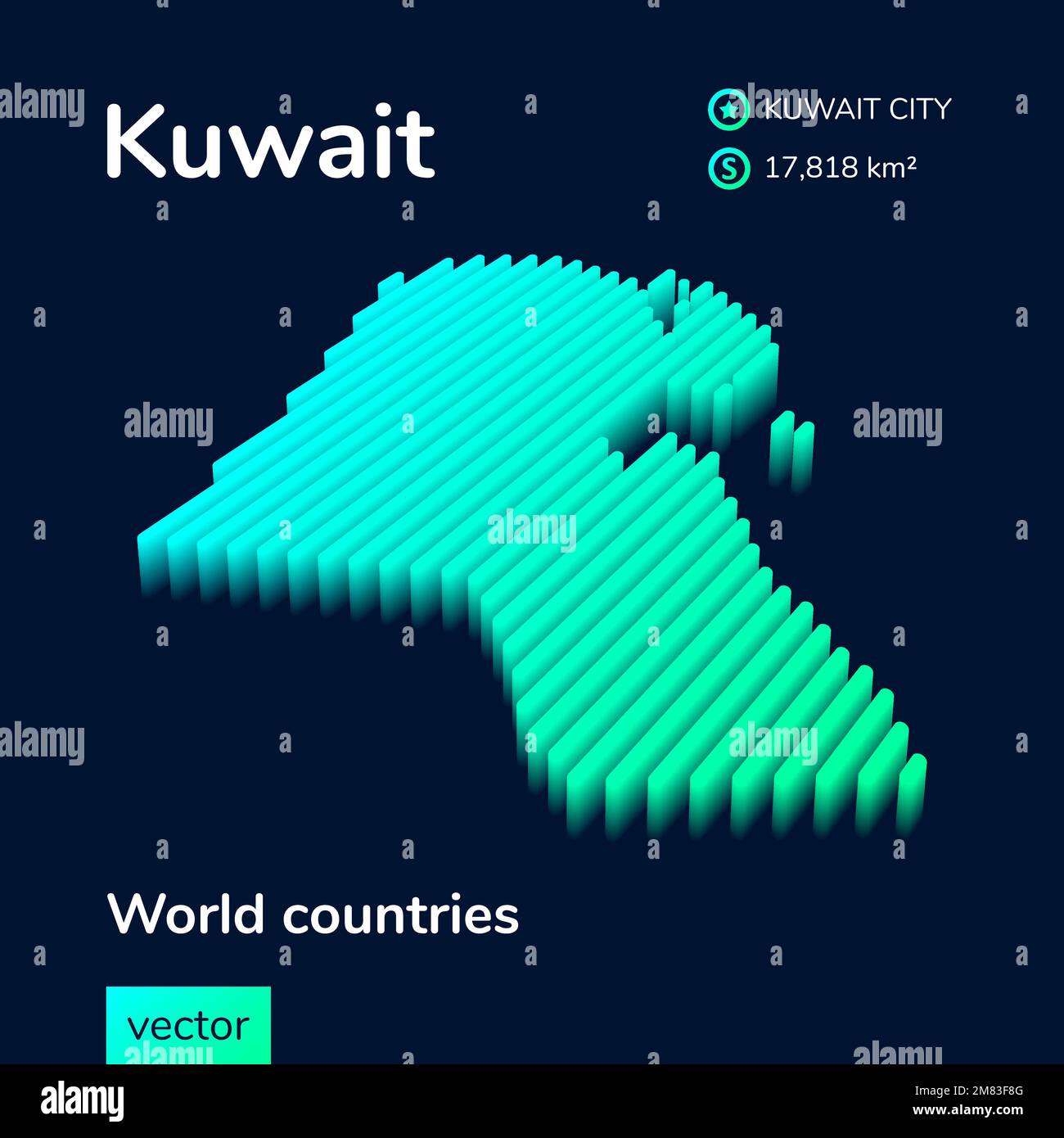 Kuwait 3D map. Stylized neon simple digital isometric striped vector Map of Kuwait is in green, turquoise and mint colors on the dark blue background Stock Vector