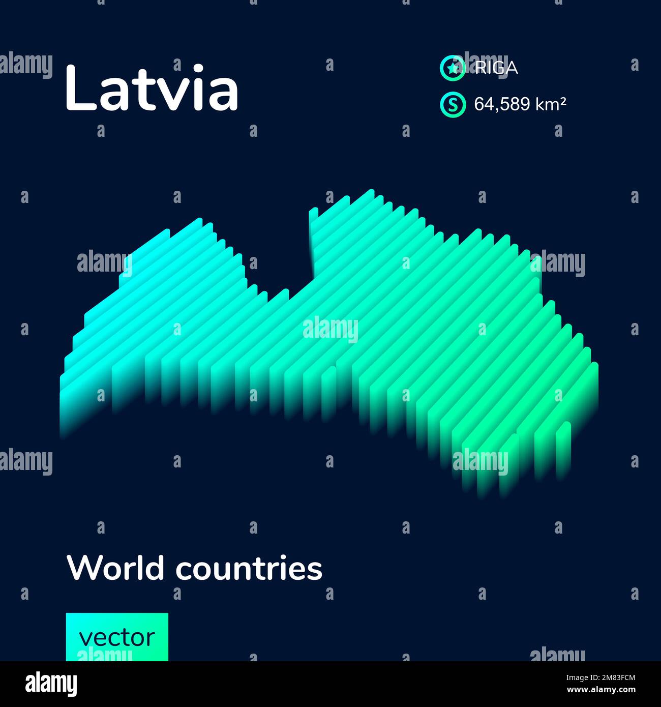 3d vector neon isometric Latvia map in turquoise colors on a dark blue background. Stylized map icon of Latvia. Infographic element Stock Vector