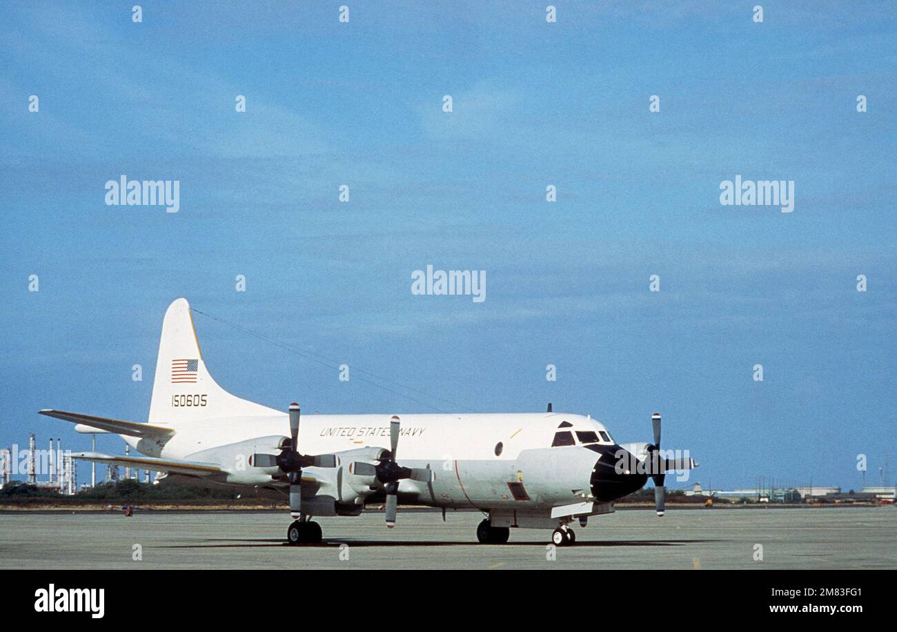 A P-3 Orion aircraft on the flight line during Exercise Cope Canine '85. Subject Operation/Series: COPE CANINE '85 Base: Naval Air Station, Barbers Point State: Hawaii (HI) Country: United States Of America (USA) Stock Photo