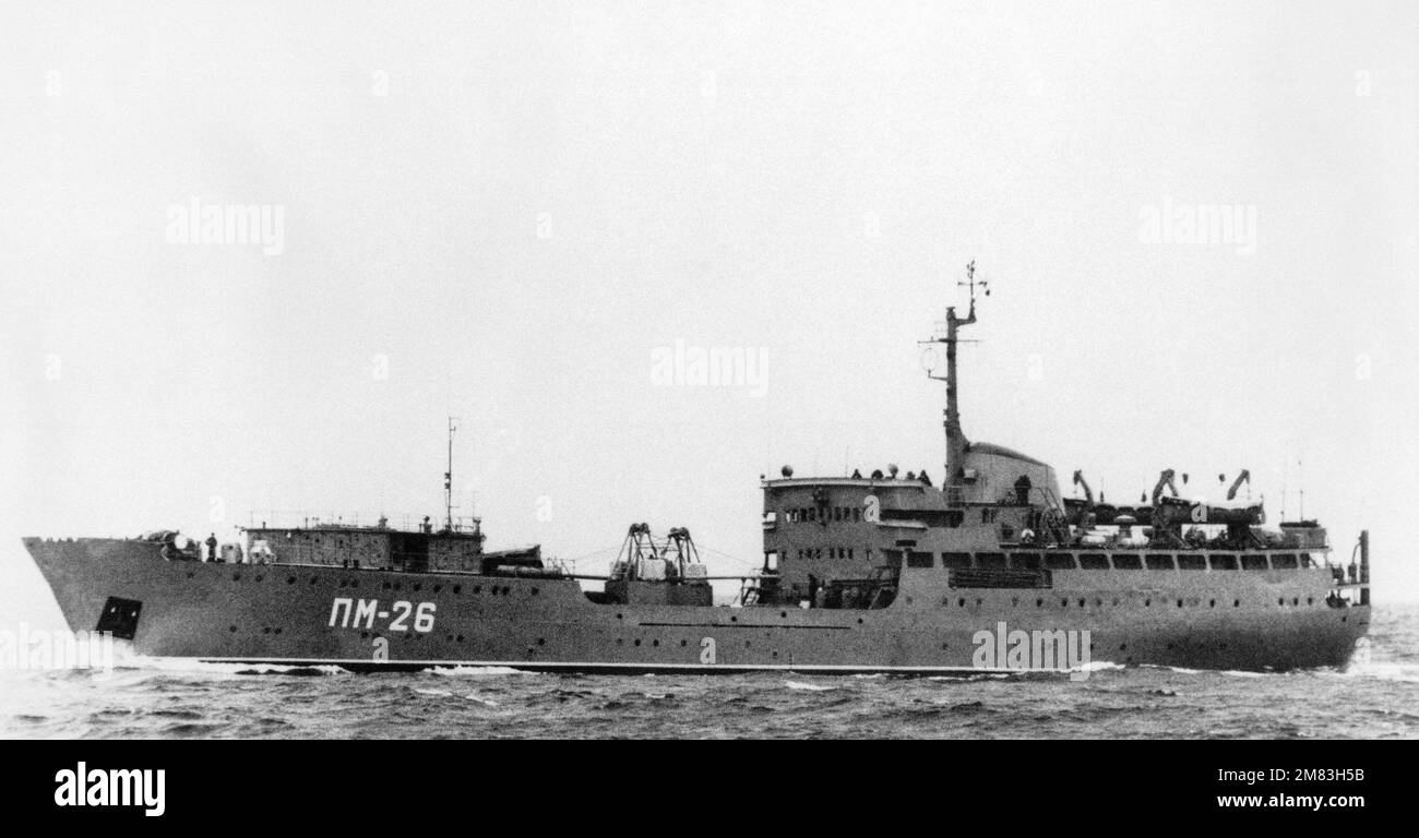 Port beam view of a Soviet Oskol class repair ship underway. Country: Unknown Stock Photo