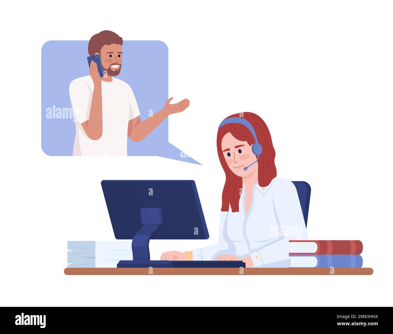 Call center agent gathering feedback from client semi flat color vector characters Stock Vector