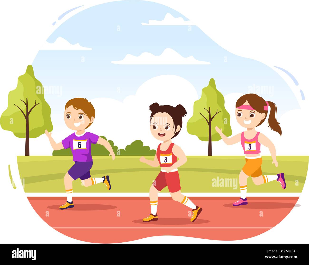 Marathon Race Illustration with Kids Running, Jogging Sport Tournament and Run to Reach the Finish Line in Flat Cartoon Hand Drawn Template Stock Vector