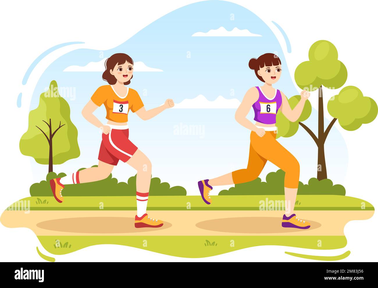 Marathon Race Illustration with People Running, Jogging Sport Tournament and Run to Reach the Finish Line in Flat Cartoon Hand Drawn Template Stock Vector