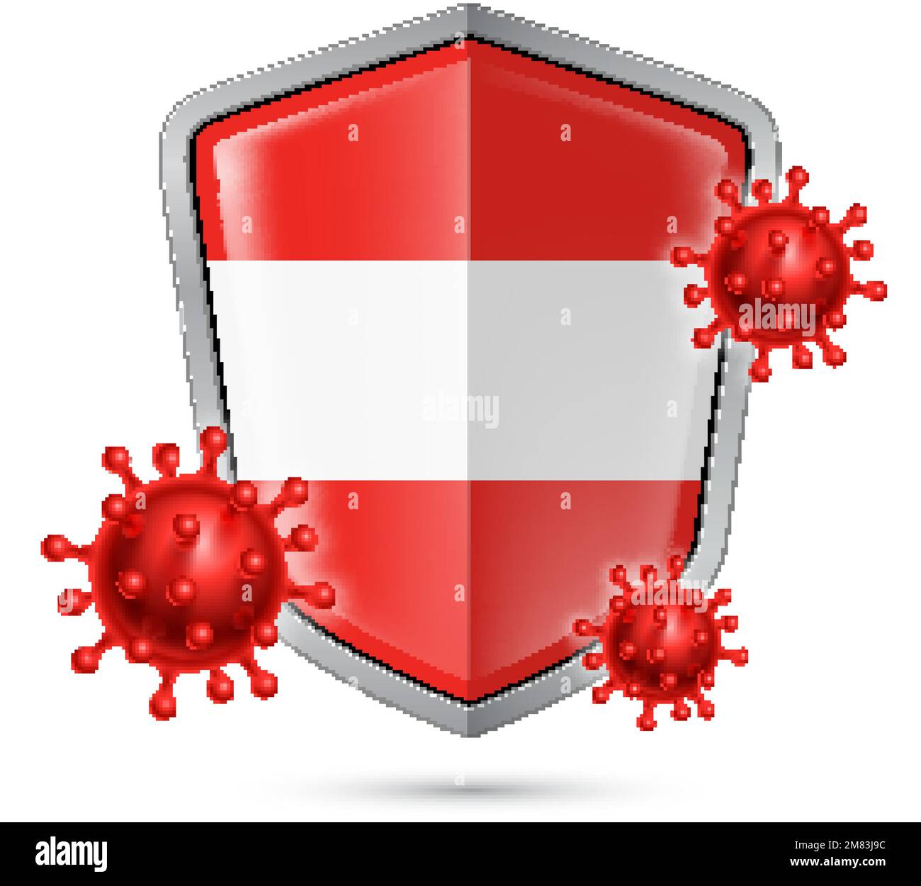 Flag of Austria on Metal Shiny Shield Icon and Red Corona Virus Cells. Concept of Health Care and Safety Badge. Security Safeguard Metal Label with Au Stock Vector