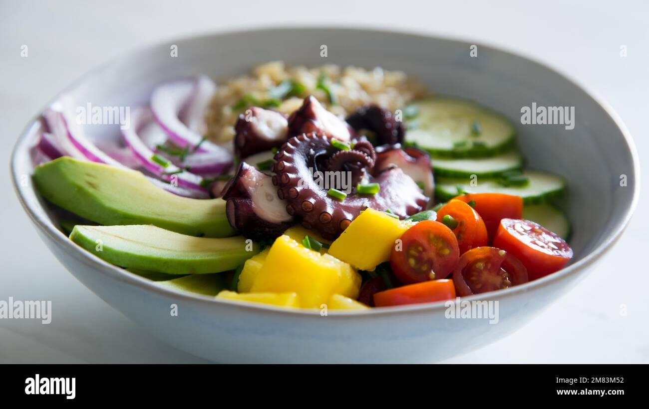 Octopus Main Course Octopus poke. Poke is salad served as an appetizer or main course in ...