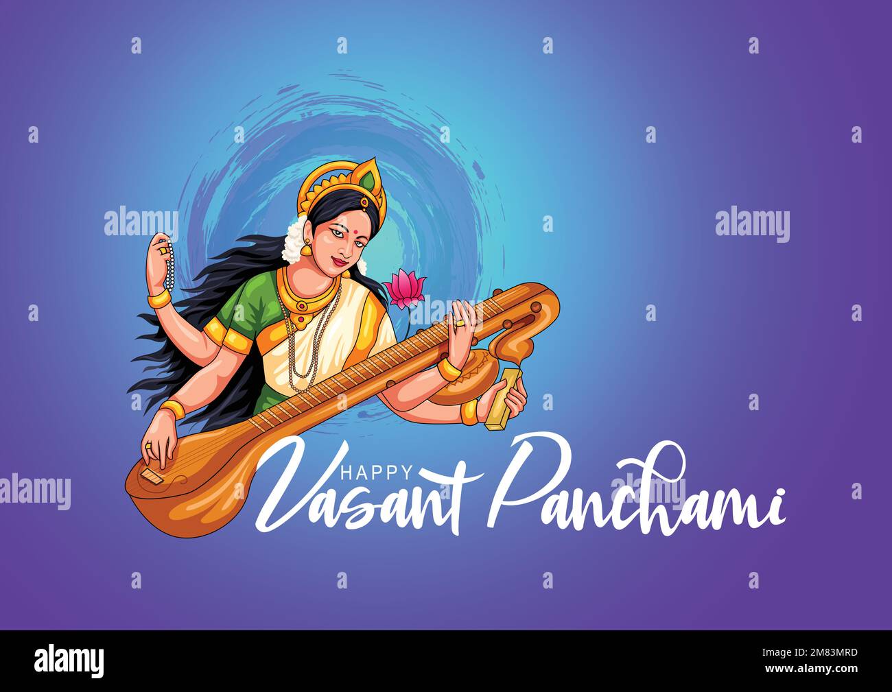 Sarasvati for happy Vasant Panchami Puja of India. poster, banner, flyer vector illustration blue background design Stock Vector