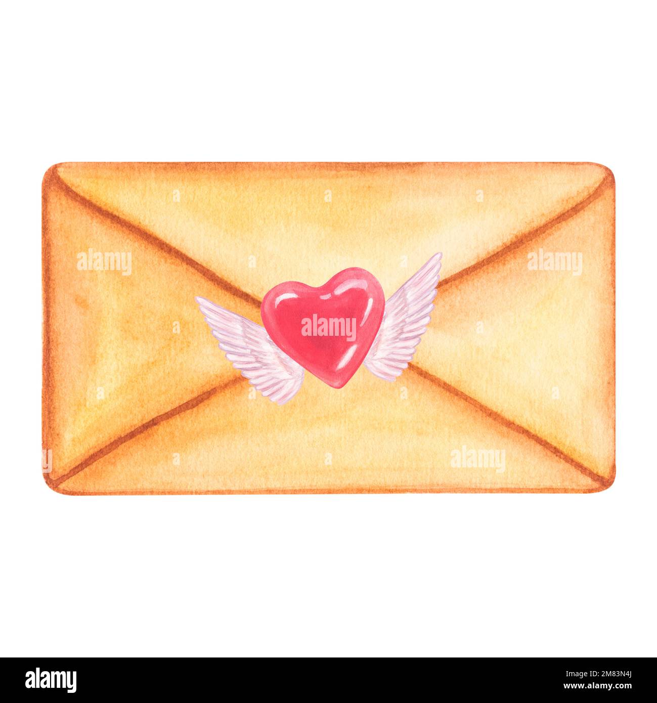 Envelope and flying pink red hearts with wings. Watercolor illustration ...