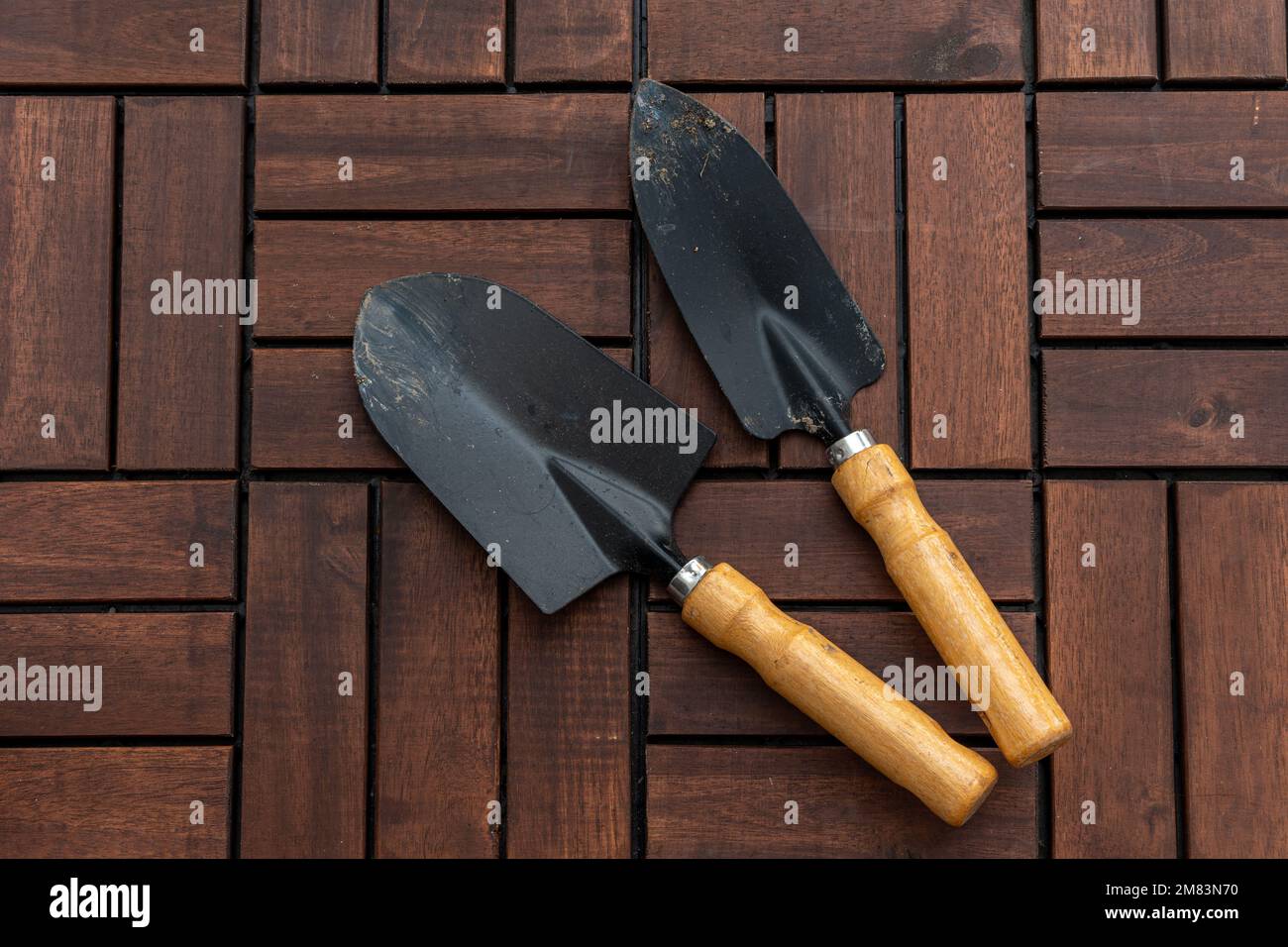 Gardening tools top view on wooden deck background with copy space