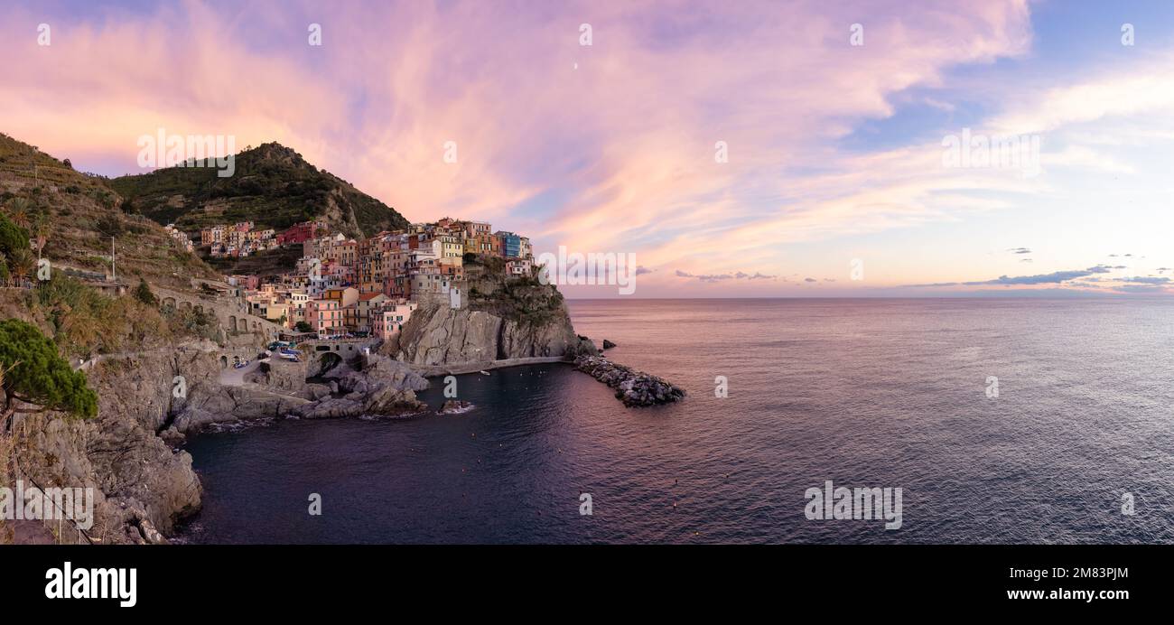 Small touristic town on the coast, Manarola, Italy. Cinque Terre Stock Photo