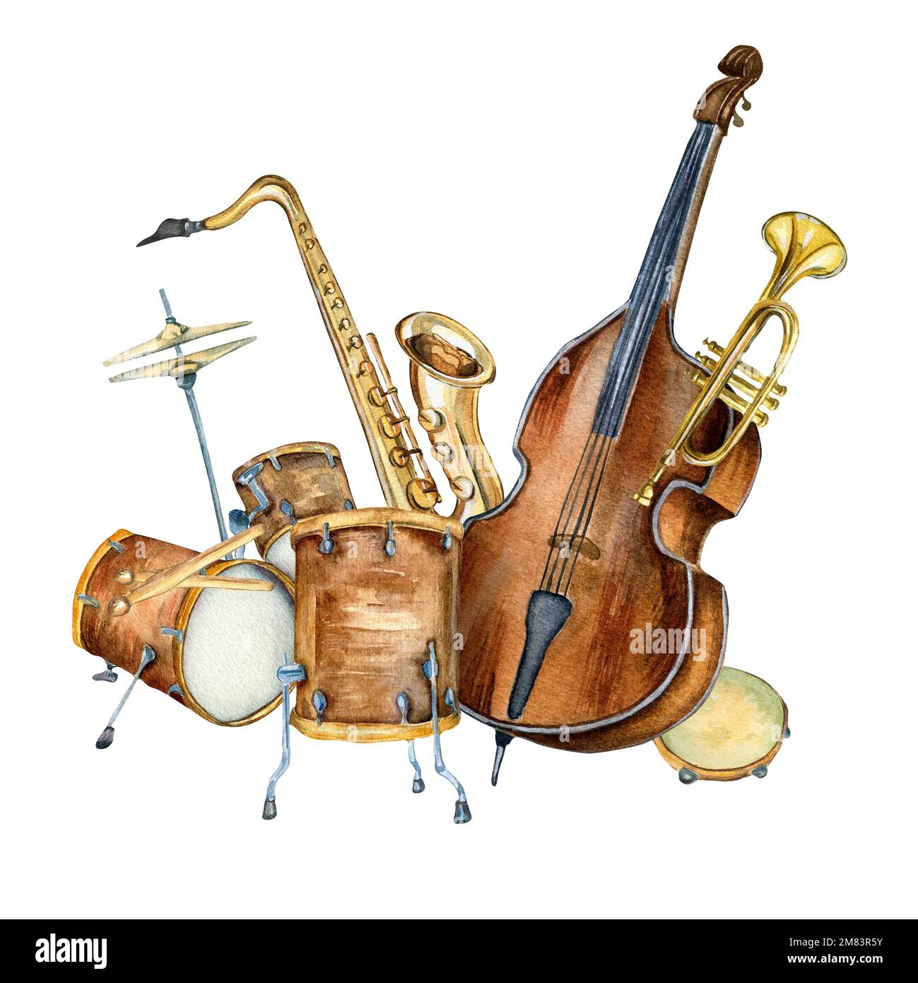 Composition of drum kit, saxophone, contrabass musical instruments watercolor illustration isolated. Jazz band, tambourine hand drawn. Design element Stock Photo