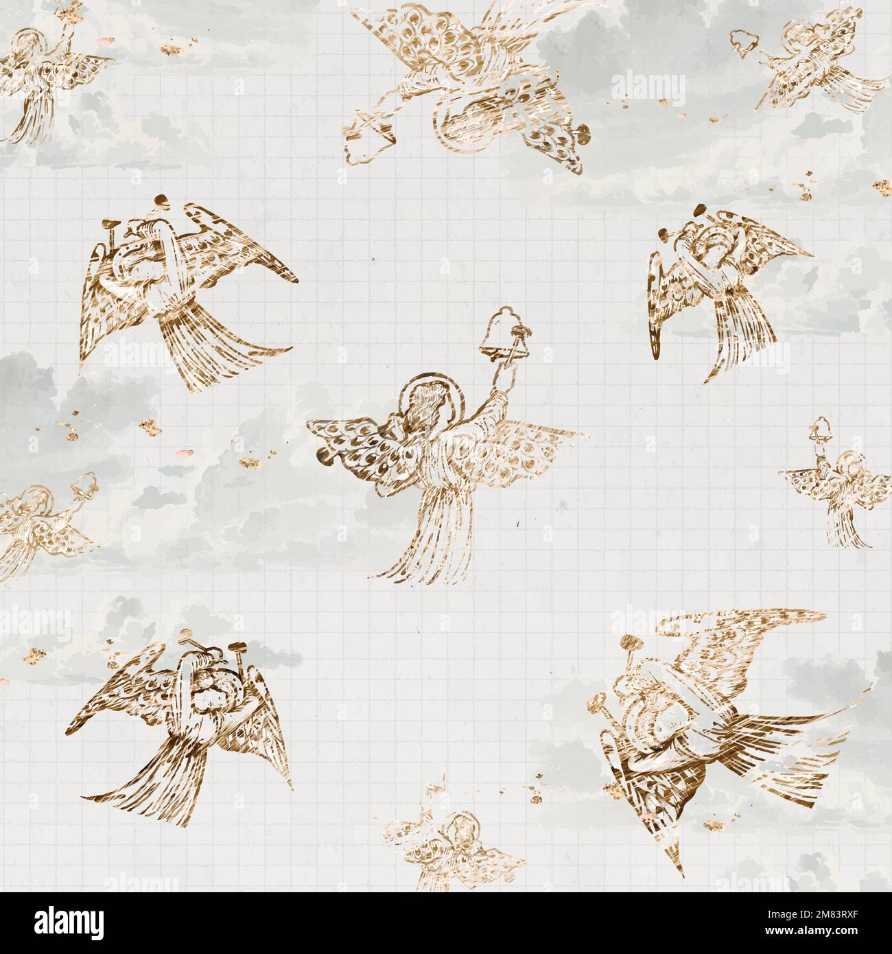 Vintage angel pattern vector background, angel playing on bells ...