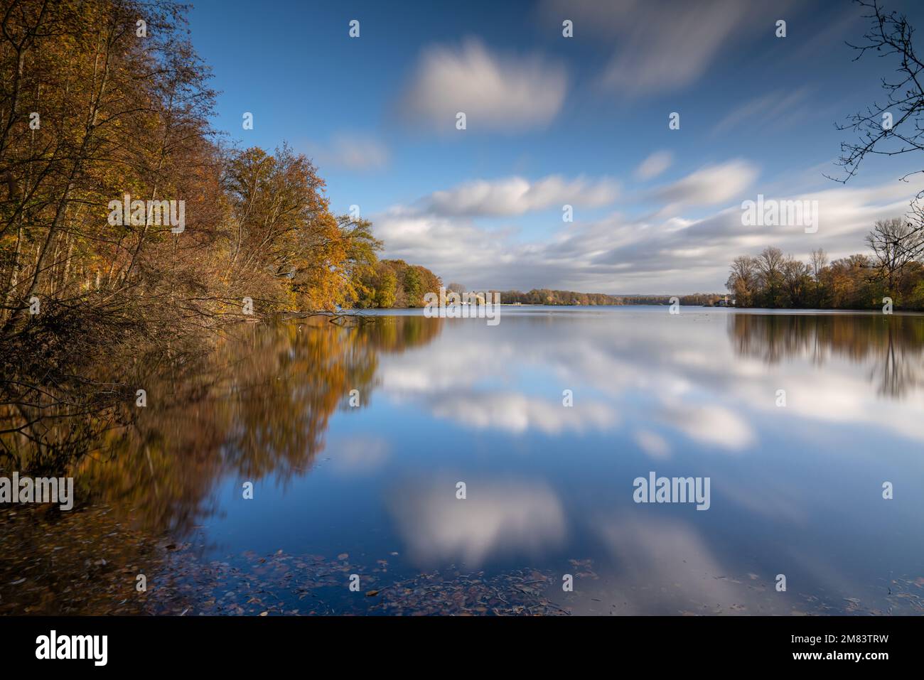 Panoramic image of Unterbach lake close to Dusseldorf during autumn, Germany Stock Photo