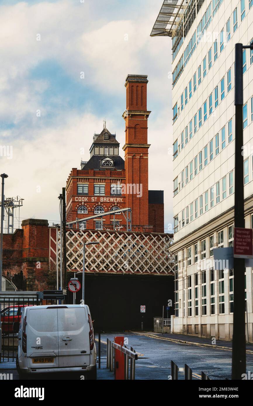 Manchester city centre with Cooks brick built brewery above railway