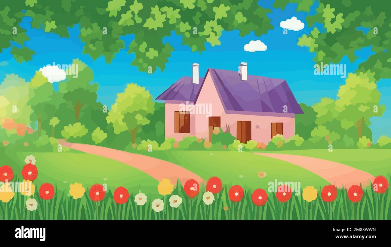 wooden cottage on hill in forest with path on meadow color clipart Stock  Vector