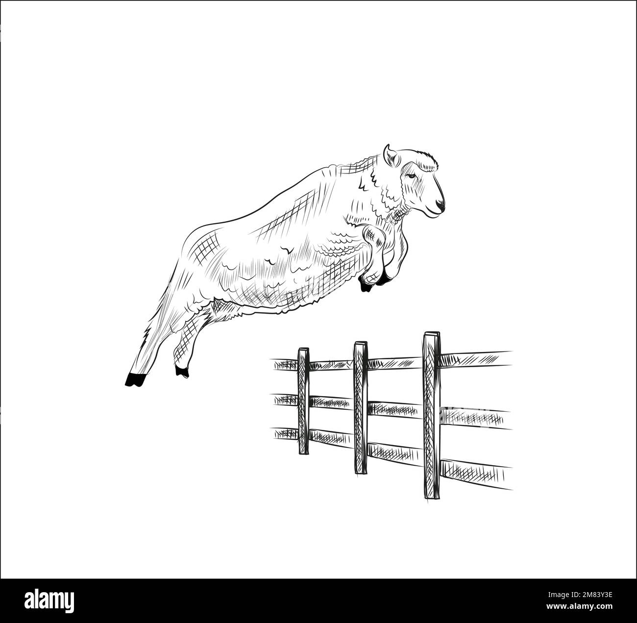 Hand-drawn  sheep jumping over the fence vector illustration on white background Stock Vector