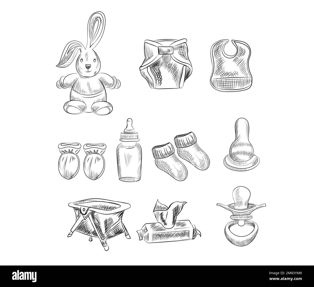 Hand-drawn sketch set of baby and infant items. vector illustration  Pacifier, diapers, baby feeding bib, knitted baby on white background Stock Vector