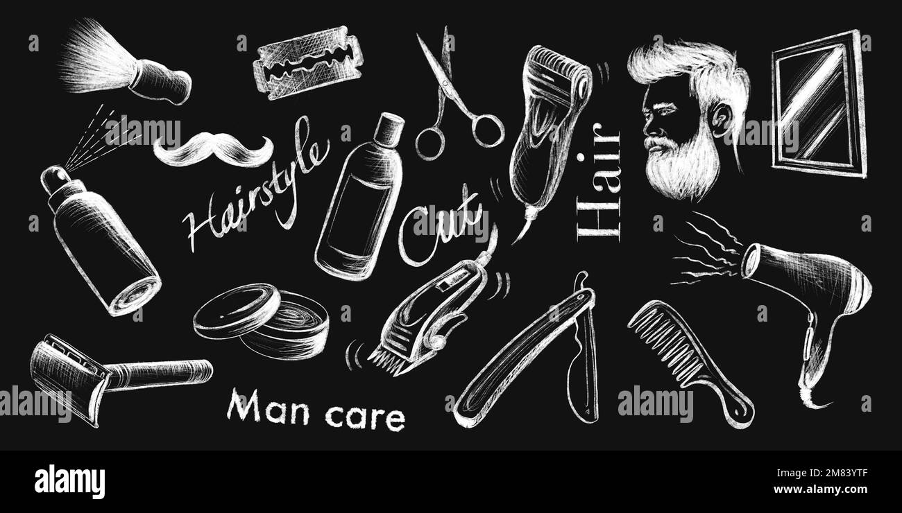Hand drawn barber shop design elements on chalkboard. Real chalk drawing illustration. Stock Photo