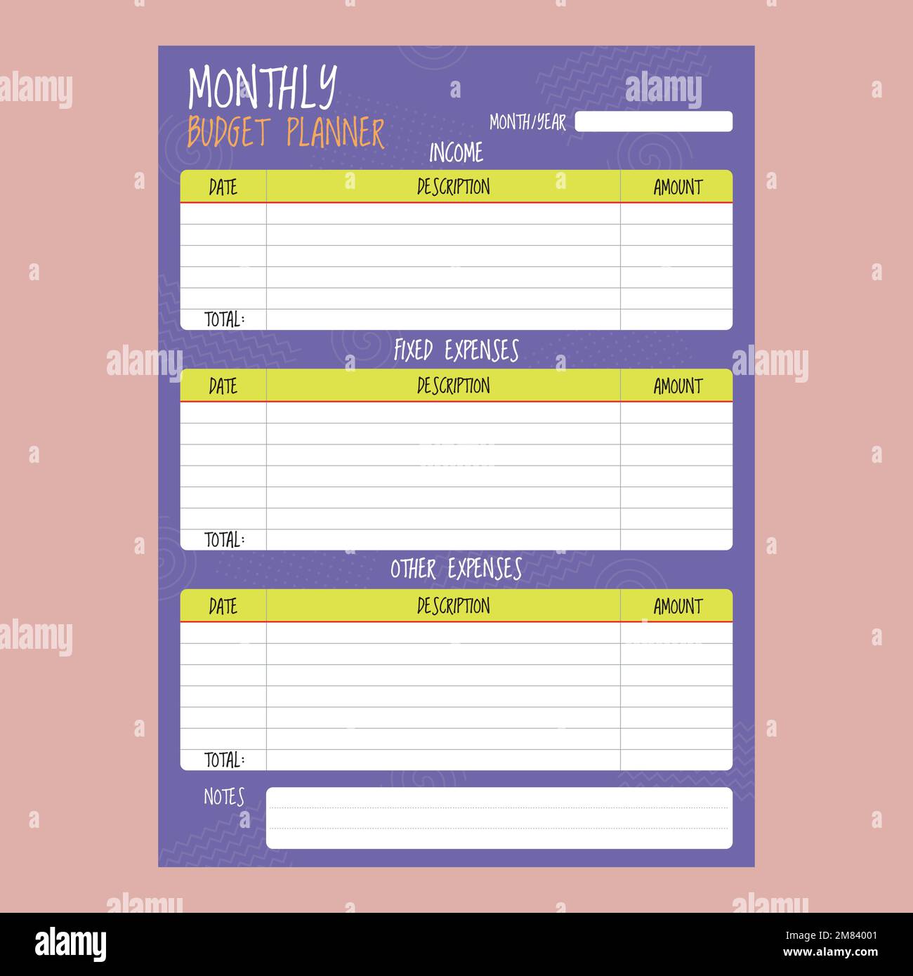 monthly budget planner with fun elements and bright colors Stock Vector
