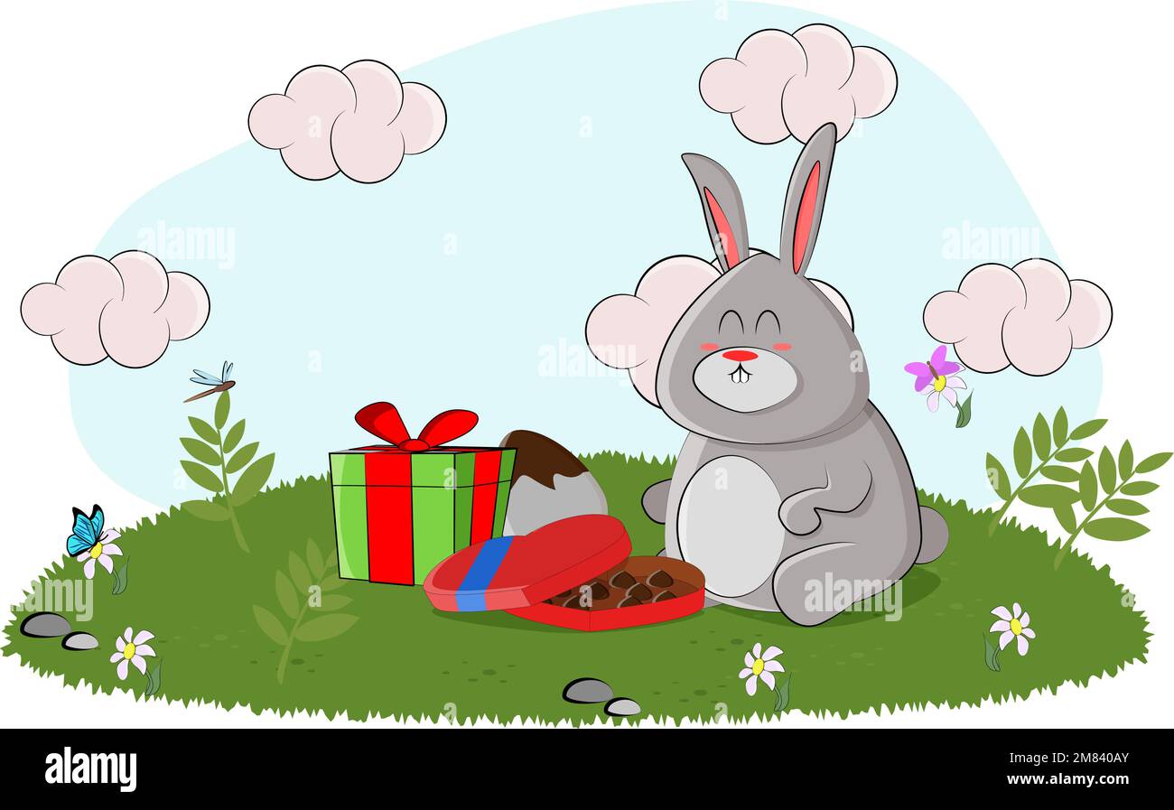Cute bunny eats candy and enjoys chocolate Stock Vector