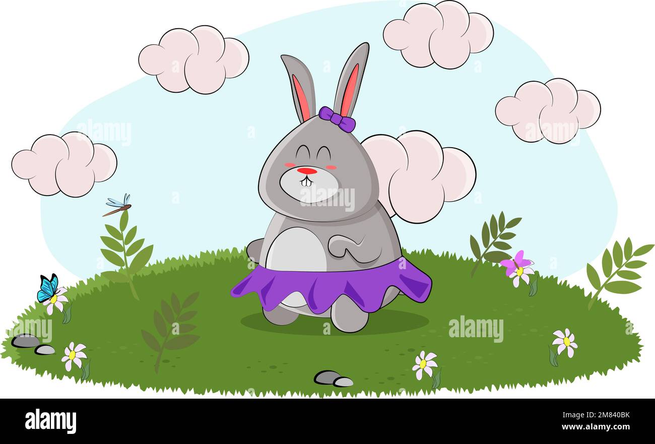 A Beatiful Cartoon Rabbit Cute bunny in a purple dress and a bow on a beautiful nature Stock ...