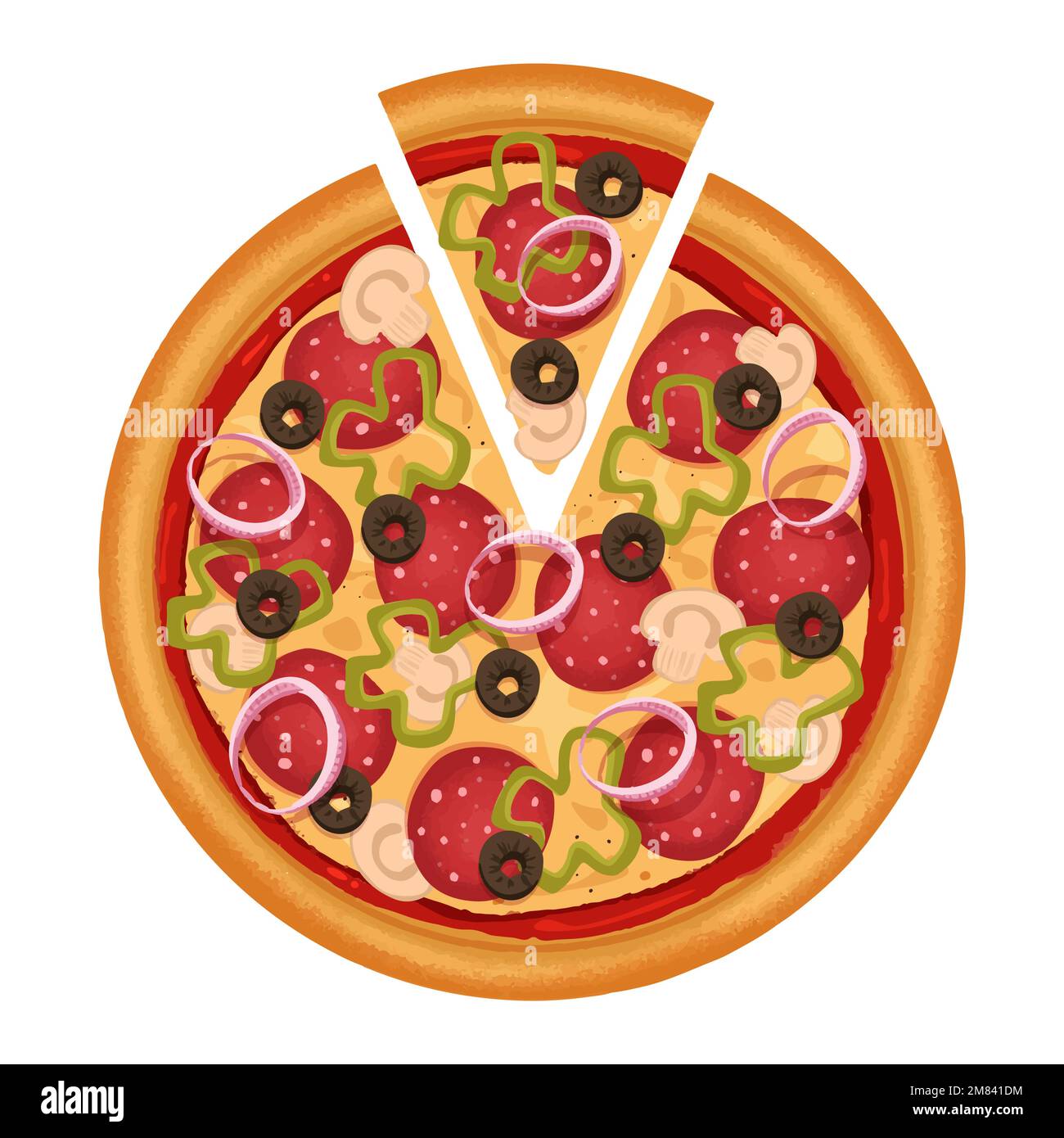 pizza with smoked sausage sweet peppers olives and mushrooms and a slice of pizza Stock Vector