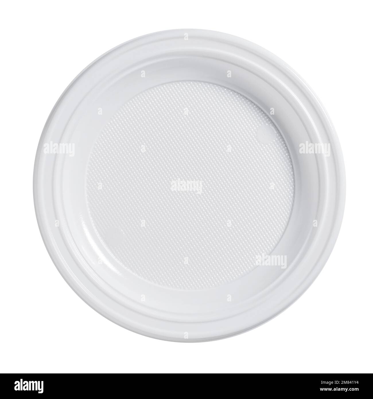 Disposable plastic plate isolated on a white background, top view Stock Photo