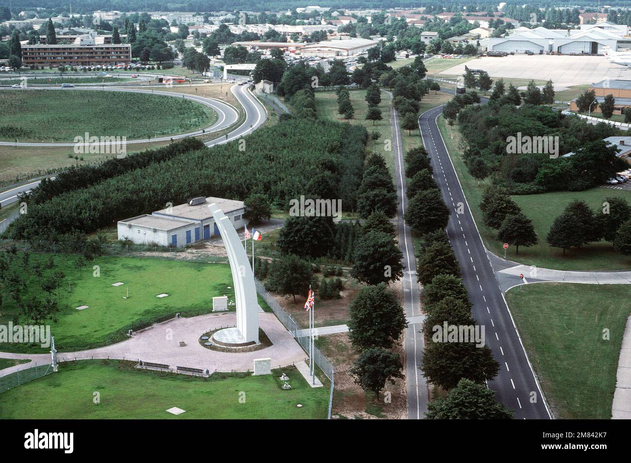 An aerial view of the Berlin Airlift Memorial. Base RheinMain Air