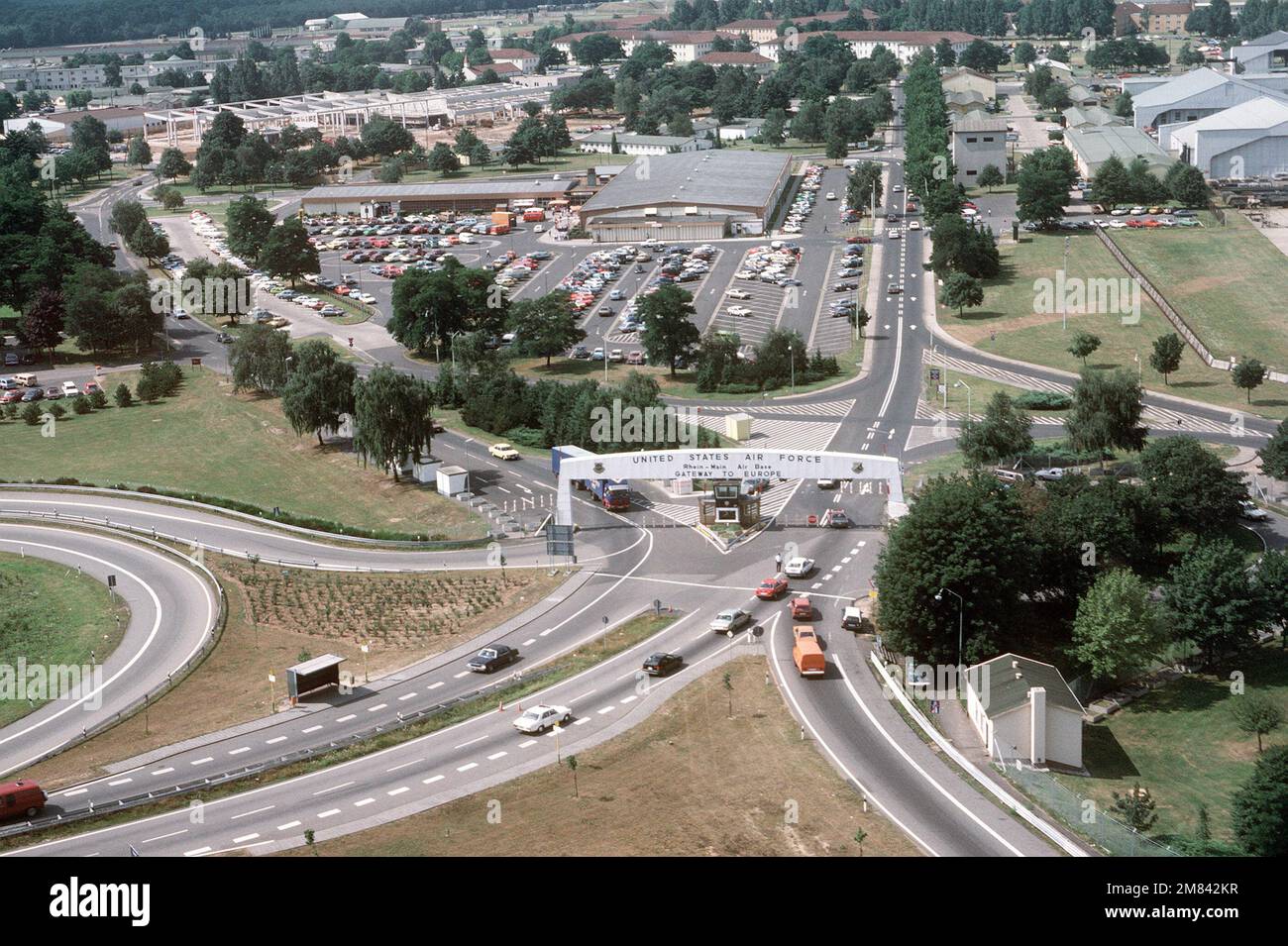 An aerial view of the base's main gate. Base RheinMain Air Base