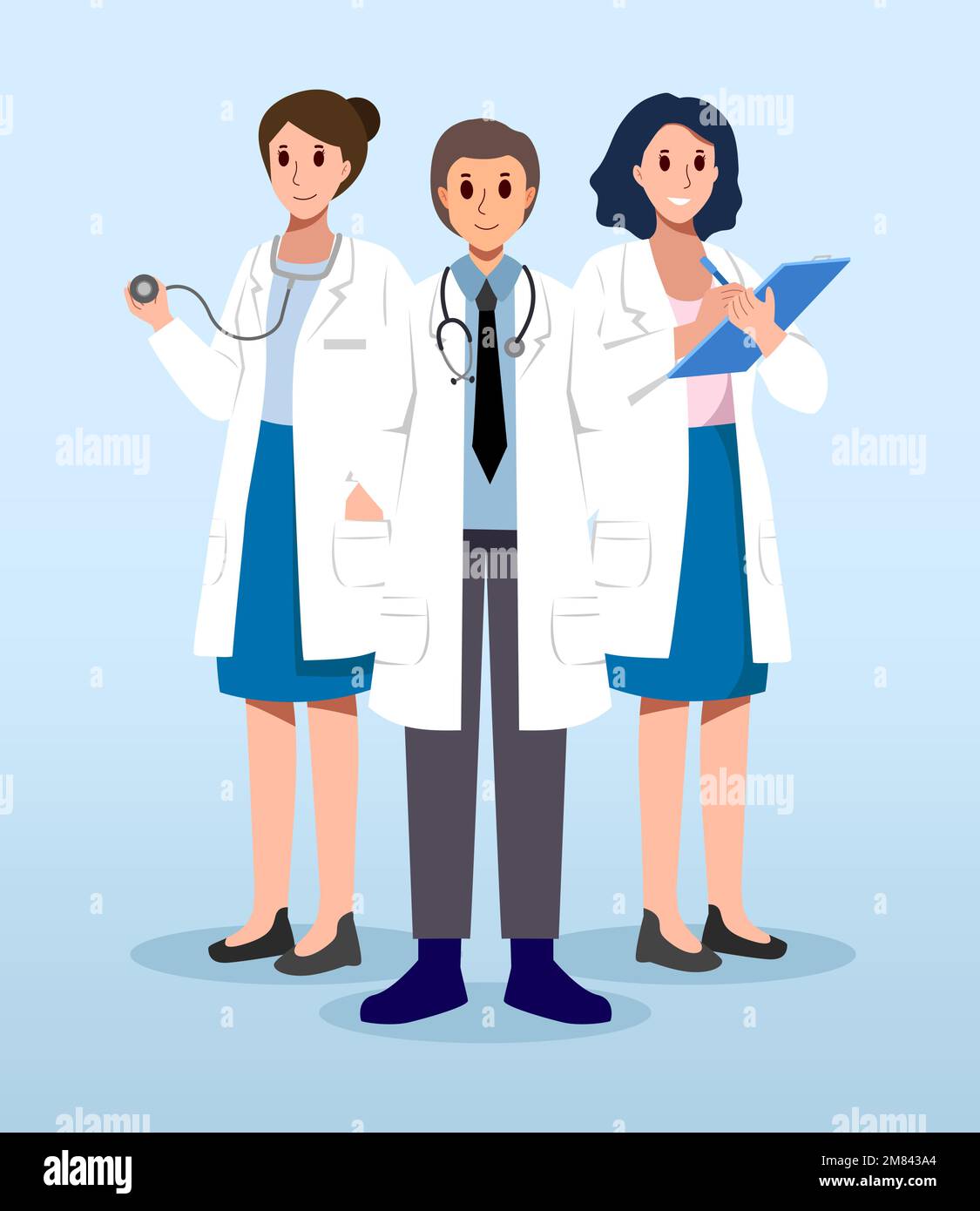 Medical Team . Male and female doctors with white coat . Cartoon characters . Vector . Stock Vector