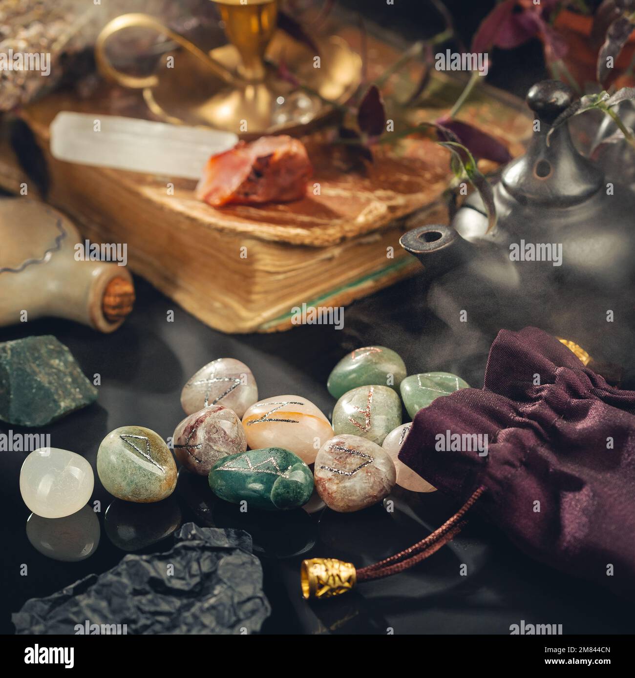 Magic Tools for Divination Ritual on the Table in the Mystical Fog Around. Square Composition Stock Photo