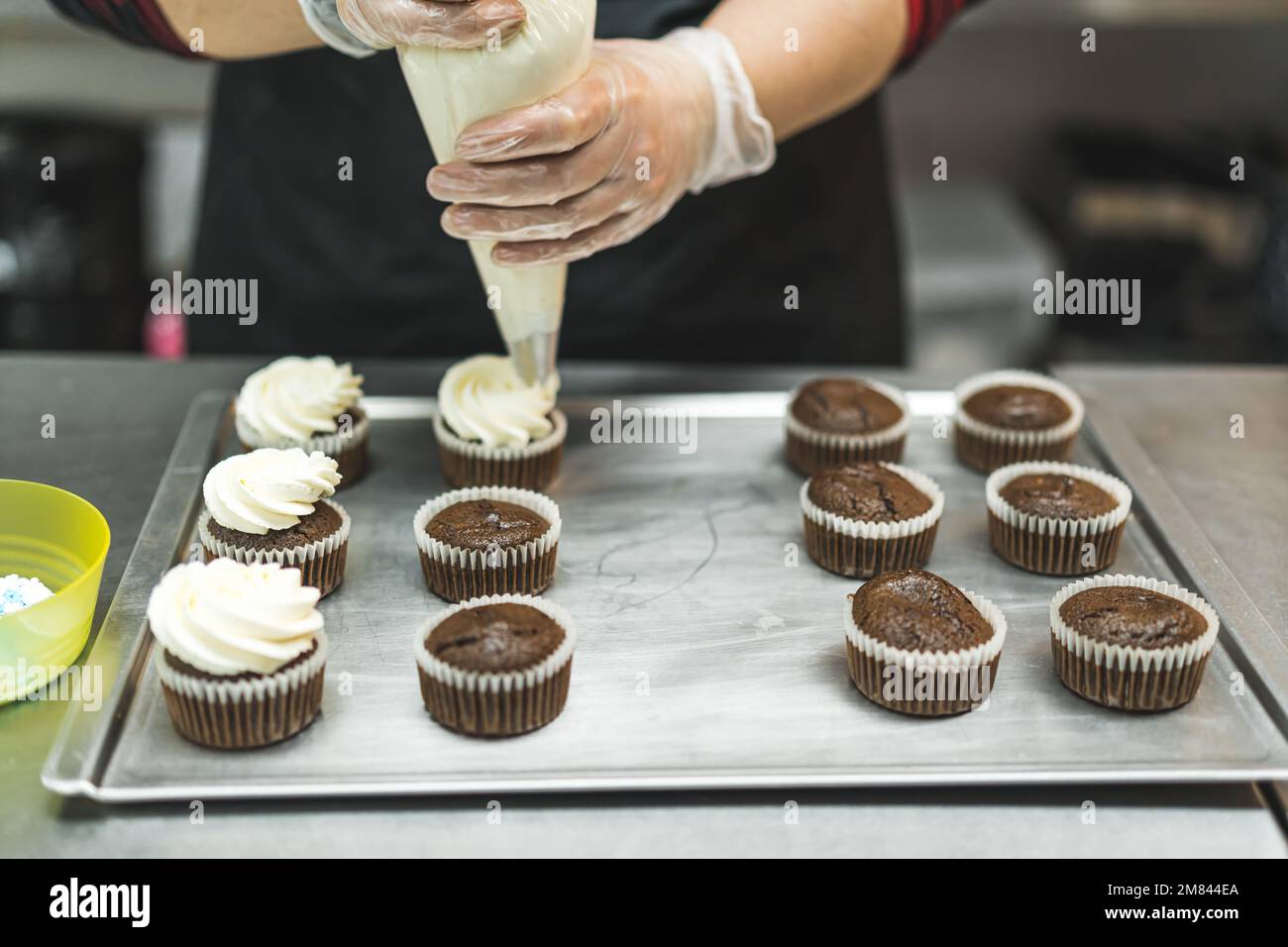 closeup view of female hands with gloves piping cream on chocolate cupcakes, bakery. High quality photo Stock Photo
