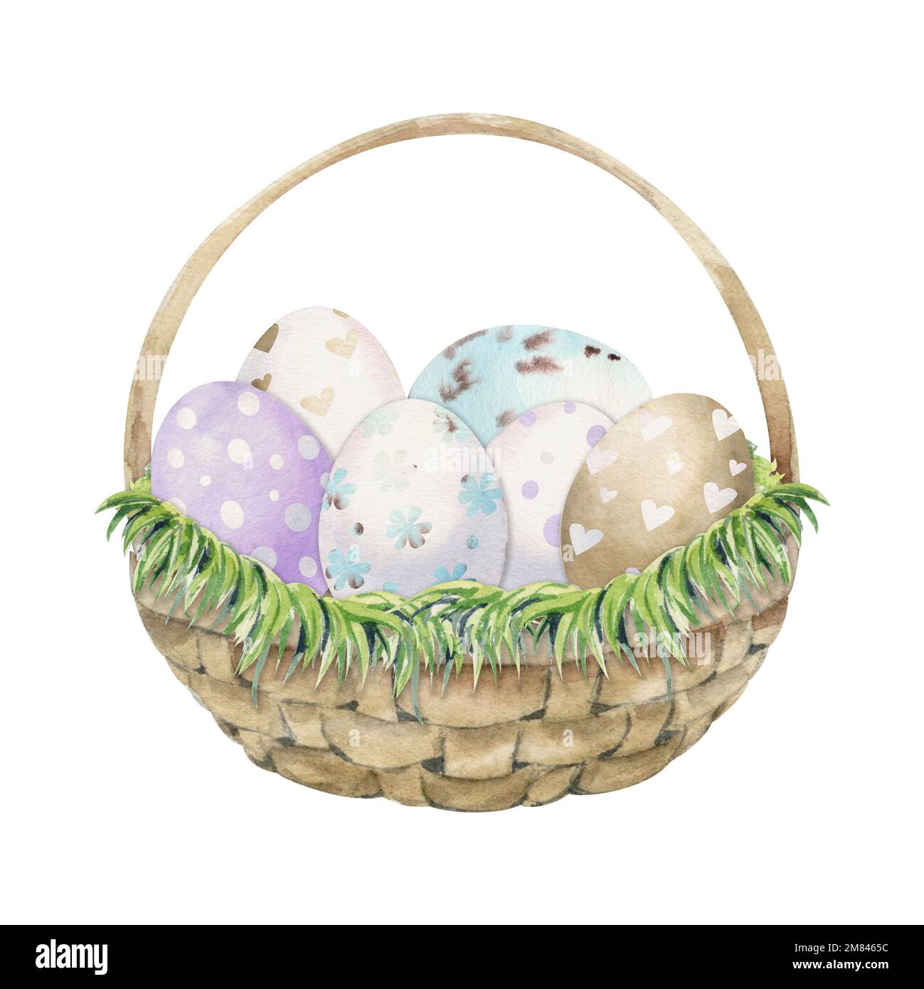 Watercolor hand drawn Easter celebration clipart. Basket with painted eggs,  grass, bunnies, pastel color. Isolated on white background Design for Stock  Photo - Alamy