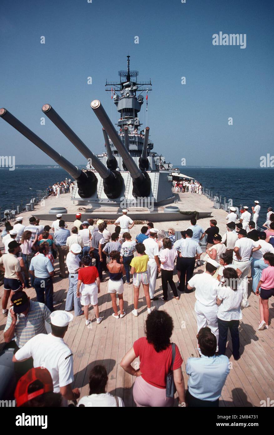 The No. 1 Mk 7 16 in. gun turret pivots as part of a demonstration given during a dependent's cruise aboard the battleship USS IOWA (BB 61). Base: USS Iowa (BB 61) Country: Atlantic Ocean (AOC) Stock Photo