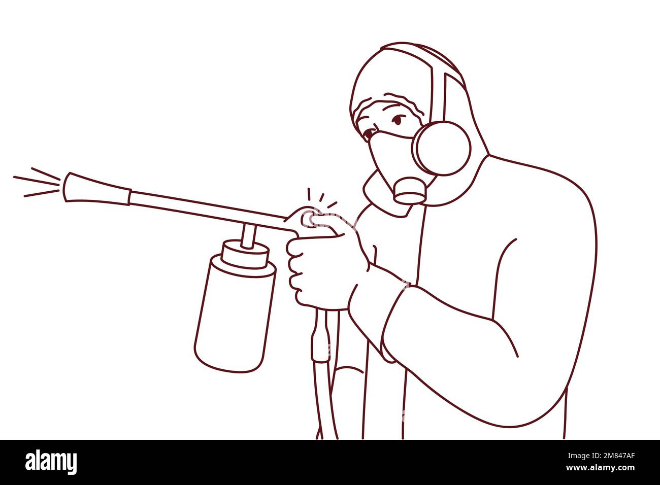 Man in protective uniform spraying pesticide to kill insects and rodents. Male exterminator or pest control worker in suit doing disinfection. Vector illustration.  Stock Vector