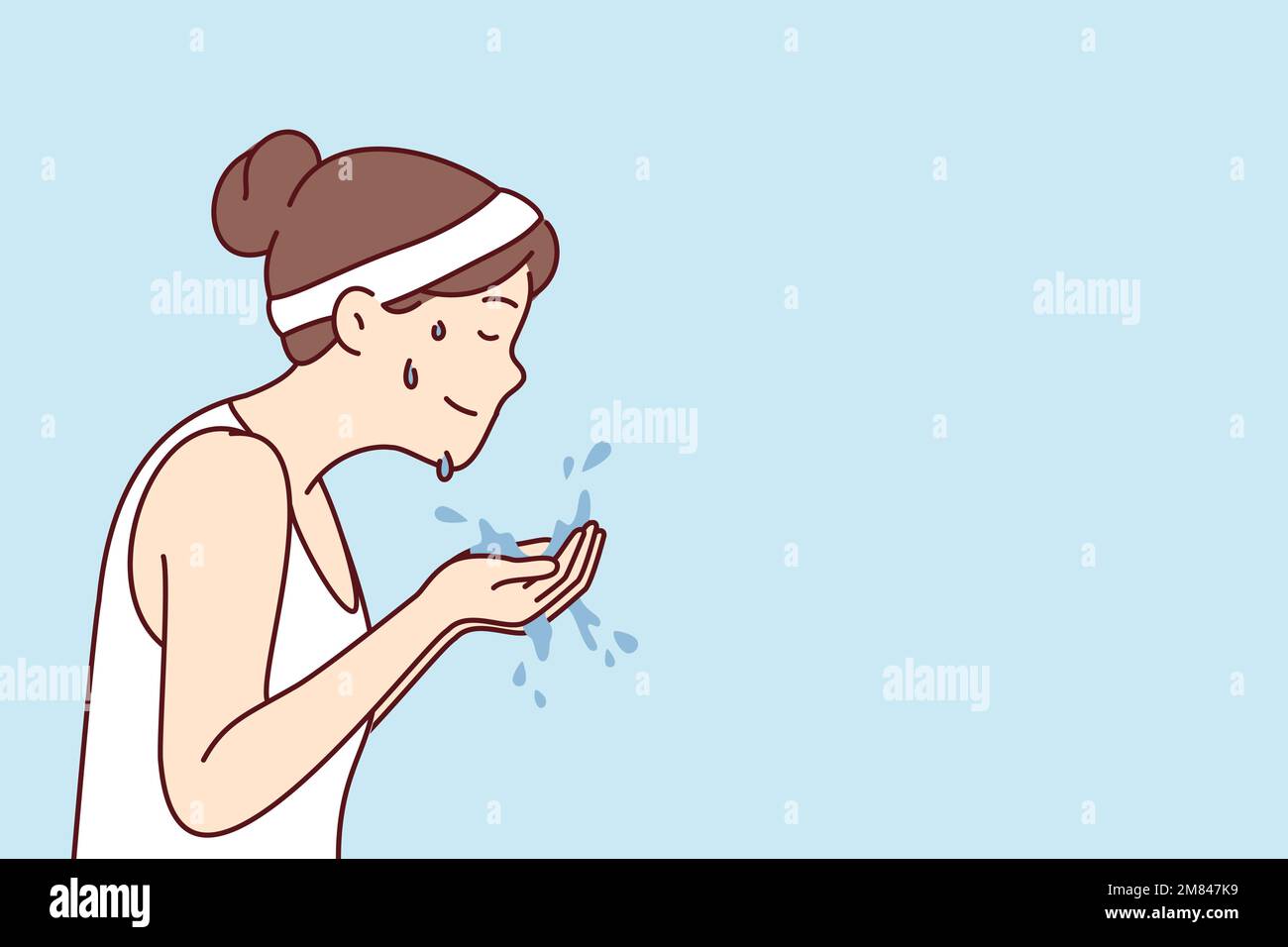 Woman with sports headband on hair holds water in palms wanting to wash face after fitness or morning jogging. Girl in T-shirt with drops of sweat on face after athletic exercises. Flat vector image  Stock Vector