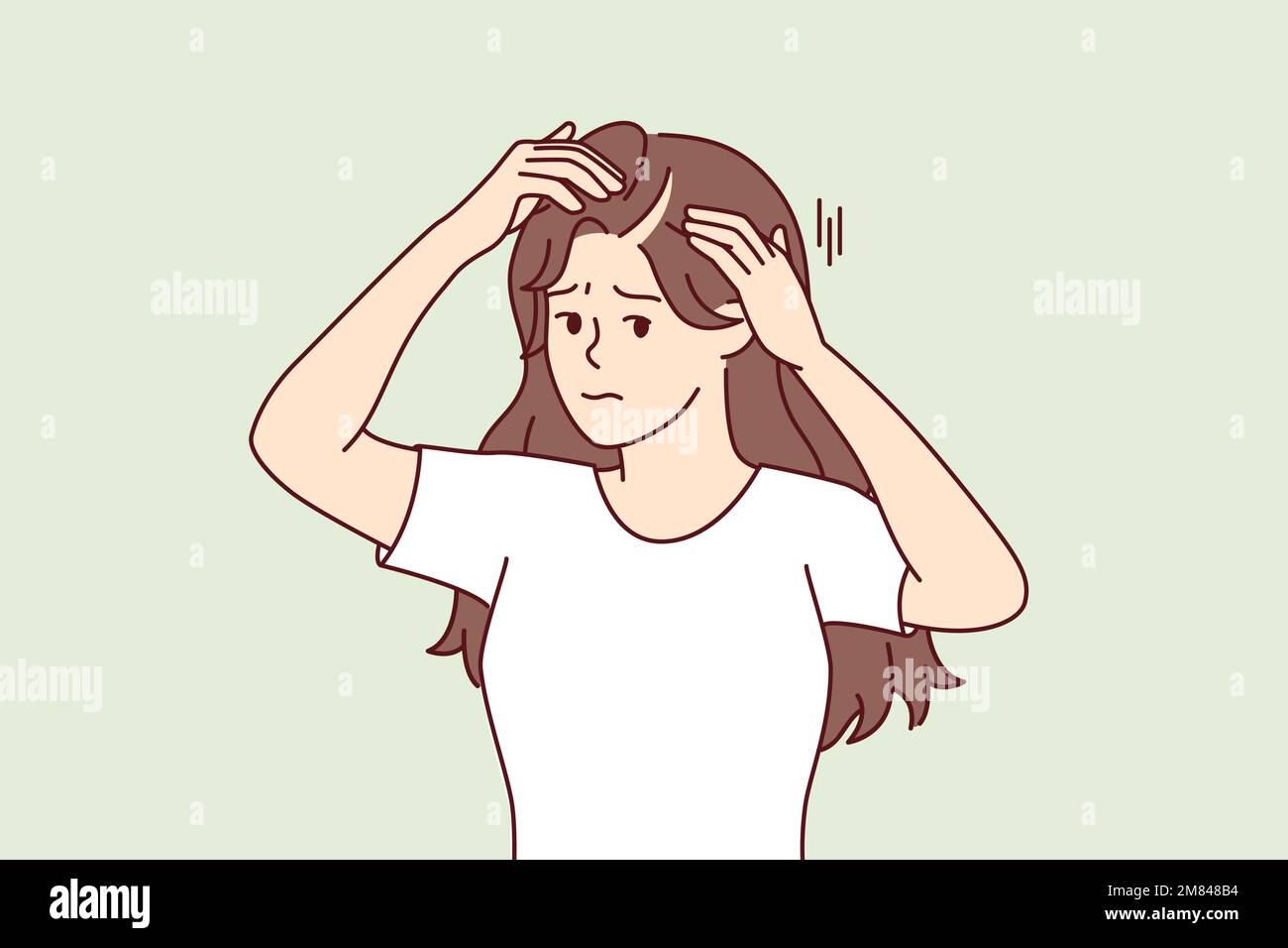 Woman suffering from hair loss touching head looking at scar through mirror. Girl with sad face looks at camera demonstrating problem area in hair needs help of beautician. Flat vector image Stock Vector