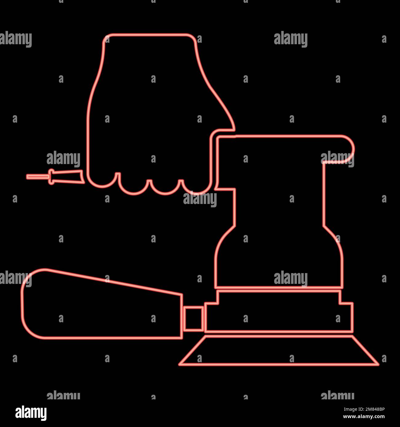Neon sander in hand holding tool use Arm using circular sheet Electric orbital instrument red color vector illustration image flat style light Stock Vector