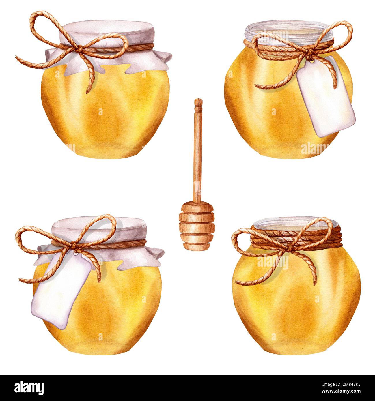 Honey jar set with wooden honey stick. Watercolor illustration isolated