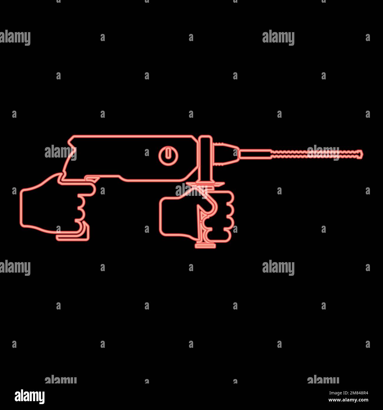 Neon electric rotary hammer drill in hand holding tool use Arm using Power tool red color vector illustration image flat style light Stock Vector