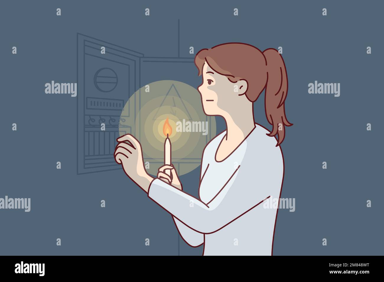 Independent woman with burning candle approaches power shield to find out reason for energy outage. Girl restores electrical wiring with own hands after loss of electricity. Flat vector illustration  Stock Vector