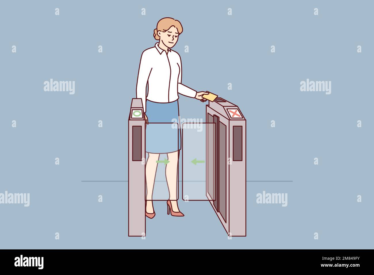 Woman in business clothes is applying pass to go through turnstile at entrance to office. Businesslady holds magnetic card giving access to office space with workplace. Flat vector image Stock Vector