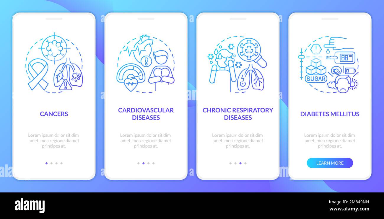 Chronic diseases major groups blue gradient onboarding mobile app screen Stock Vector