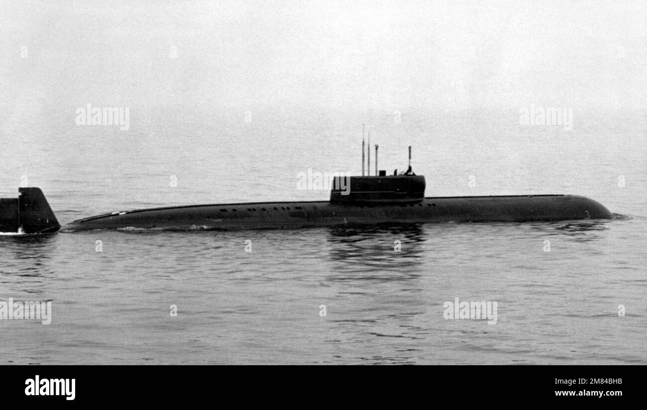A starboard beam view of a Soviet Papa class nuclear-powered cruise missile submarine. Country: Unknown Stock Photo