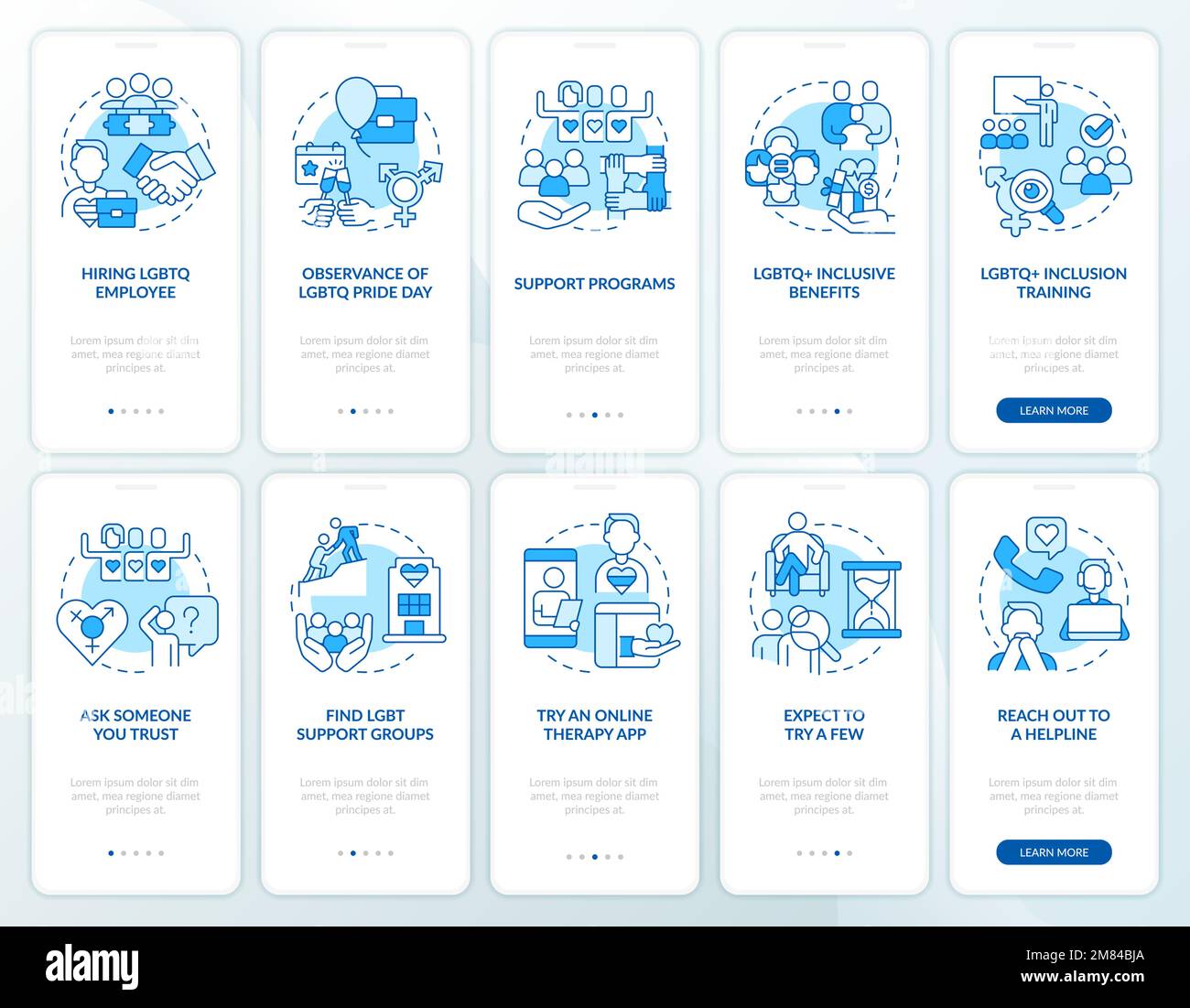 LGBTQI workplace and therapist blue onboarding mobile app screens set ...