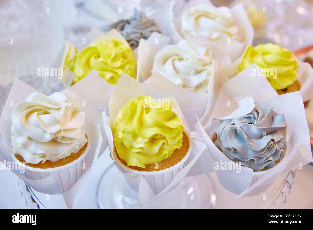 Delicious multicolored cupcakes on a white table. Stock Photo