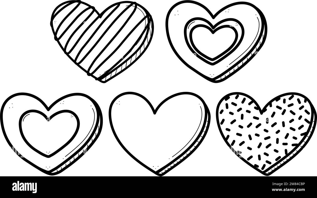 Valentines day decorated doodle cookies set. Gingerbread heart cookies collection vector illustration. Stock Vector