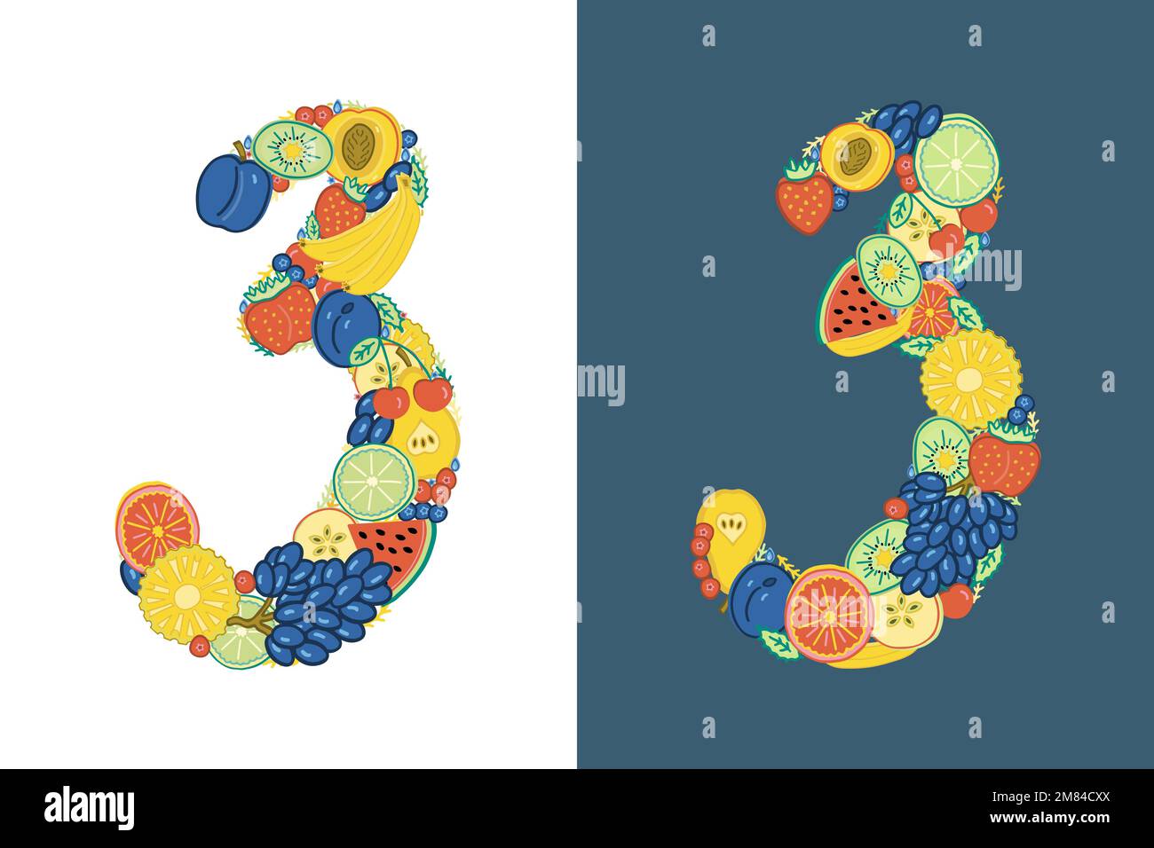 The number 3 is made up of brightly colored fruits and berries. Different threes, one on a white and one on a dark blue background. Hand-drawn. Stock Vector